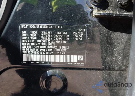 2020 Honda Hr-V Awd Lx из США, поврежденный, VIN 3CZRU6H31LM710923